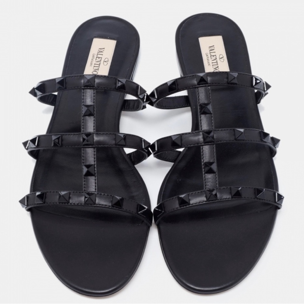 Valentino Black Rockstud Triple-Strap Slide Sandals